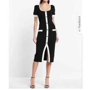 New Express Scoop Neck Puff Sleeve Novelty Button Tipped Midi Sweater Dress XS